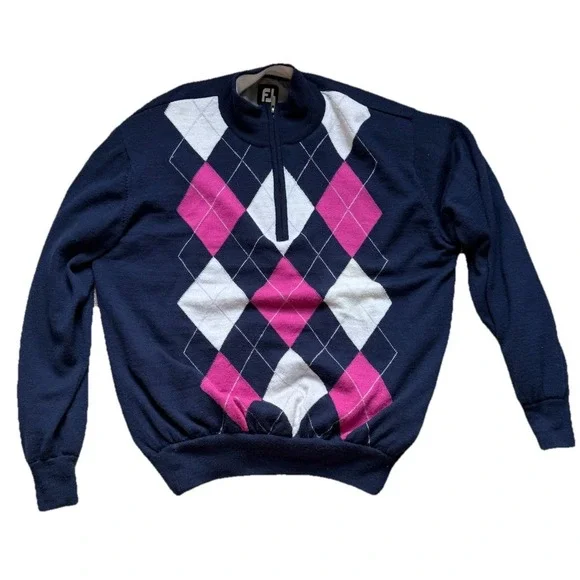 FootJoy Size XL Mens 100% Wool 1/4 Zip Fully Lined Golf Sweater Argyle Navy